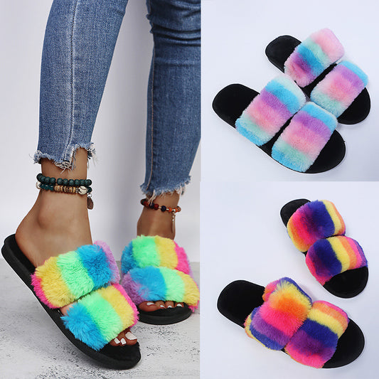 Women Plush Fluffy Tie-dye Flat Faux Fur Slippers Slides