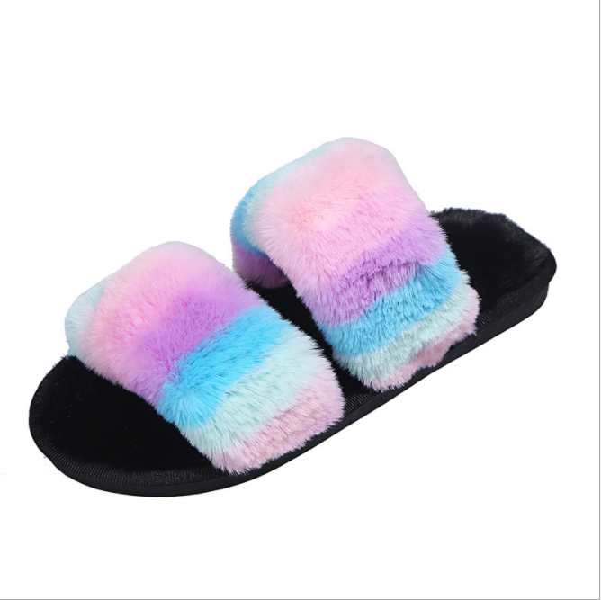 Women Plush Fluffy Tie-dye Flat Faux Fur Slippers Slides