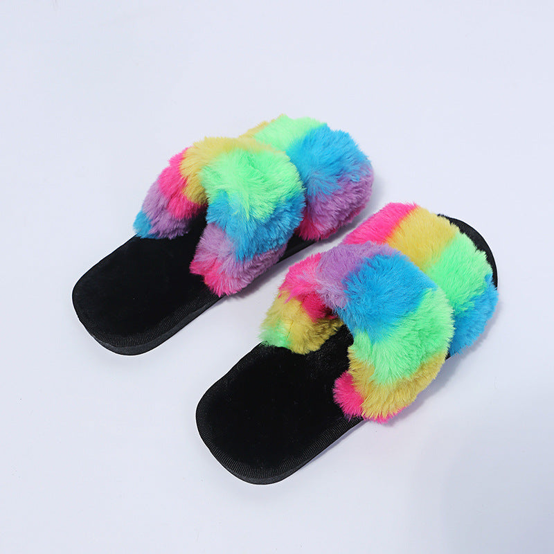 Women Plush Fluffy Tie-dye Flat Faux Fur Slippers Slides