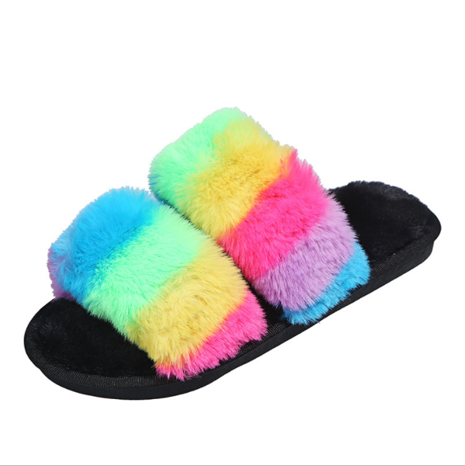Women Plush Fluffy Tie-dye Flat Faux Fur Slippers Slides