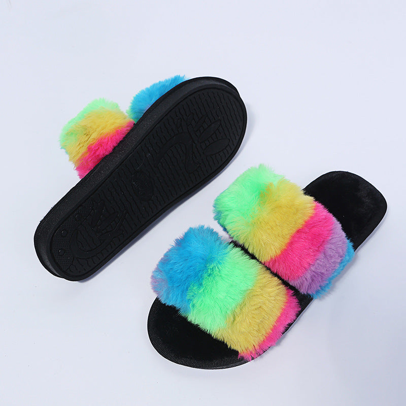 Women Plush Fluffy Tie-dye Flat Faux Fur Slippers Slides
