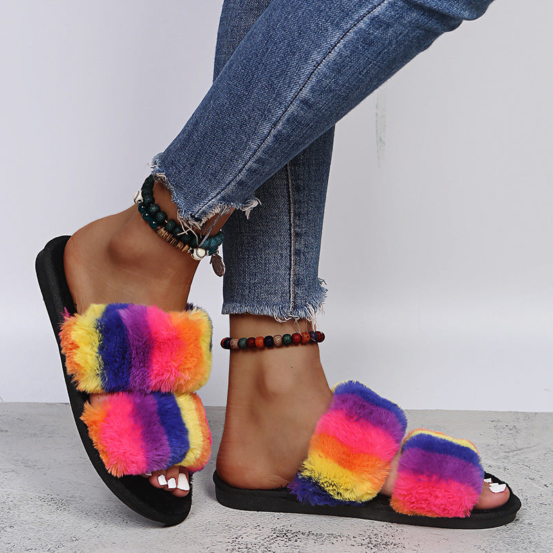 Women Plush Fluffy Tie-dye Flat Faux Fur Slippers Slides