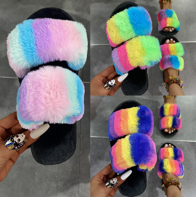 Women Plush Fluffy Tie-dye Flat Faux Fur Slippers Slides