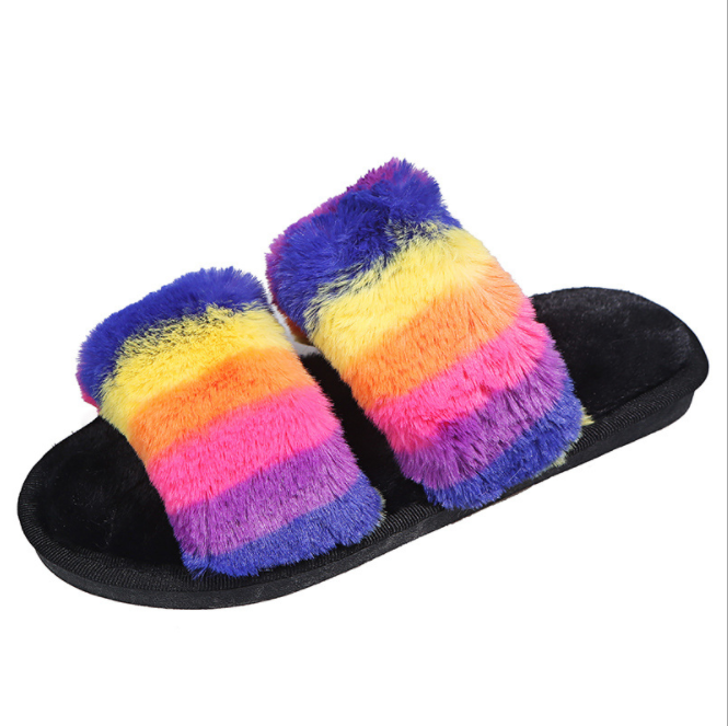 Women Plush Fluffy Tie-dye Flat Faux Fur Slippers Slides